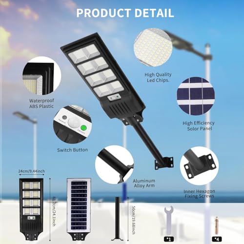 Lampione Solare Papasbox 1200W - 4 Pack, Luce Bianca 6500K, IP65 Impermeabile | Per Cortili, Strade, Giardini - Foto 4