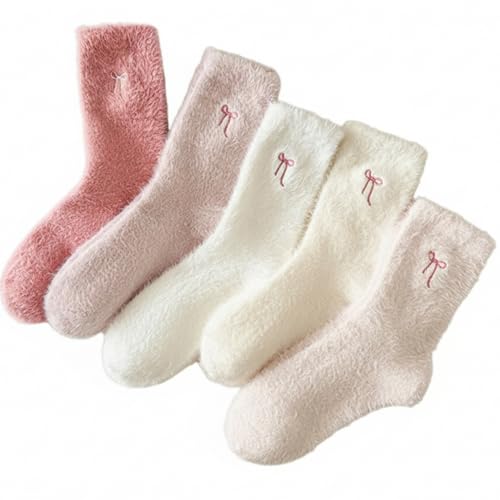 Ameble 5 pares de calcetines esponjosos con lazo, calcetines de invierno ultrasuaves y acogedores y esponjosos, tela cómoda peluda para comodidad calidez durante todo el día