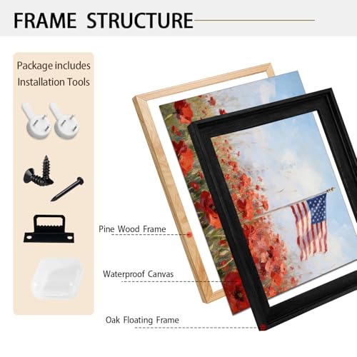 Image of American Flag Framed Canvas Wall Art, 4th of July Floral Canvas Prints, Wildflower Landscape Patriotic Decorations, Vintage Rustic Independence Day Wall Decor for Bedroom Living Room Office 12x16