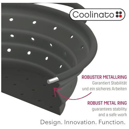 Foto von Coolinato – Sieb aus Silikon faltbar 16 cm Grau – Nudelsieb für Pasta, Gemüse & Obst - Küchensieb spülmaschinenfest, BPA-frei, & hitzebeständig bis 230°C - Platzsparendes Abtropfsieb zusammenklappbar