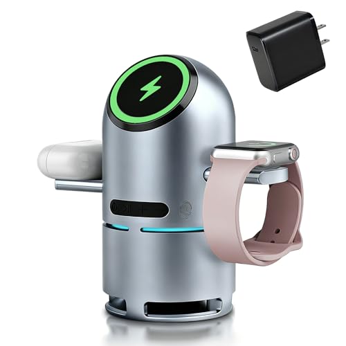 Funtastech 3-in-1 Charging Station for Multiple Devices, Charging Stand with Portable Bulti-in Speaker, Qi2 Certified 30W Fast Wireless Charger for iPhone 17/16/15/14/13/12 Pro, Apple Watch & AirPods