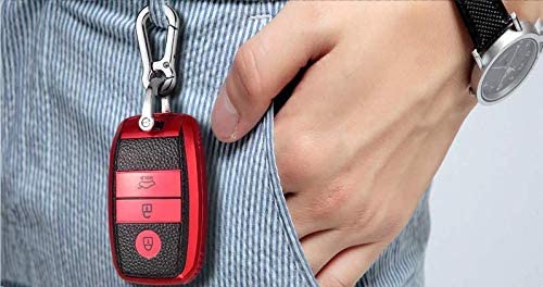 Image of JVCV Premium Soft TPU Leather Pattern Key Cover Compatible with Kia Seltos Sonet Carens 3 Button Push Start Car Key (Red Black)