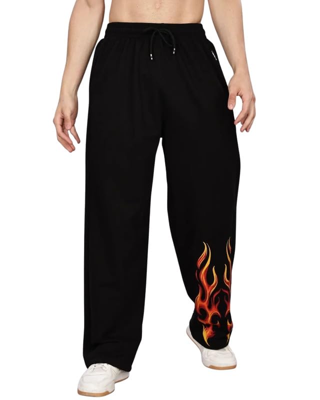 luxenbourg Cotton Joggers with Yellow Flame Print | Elastic Waist Track Pants | Casual Streetwear | Black Baggy Pants | Sweatpants for Gym Running and Lounge-picture-42