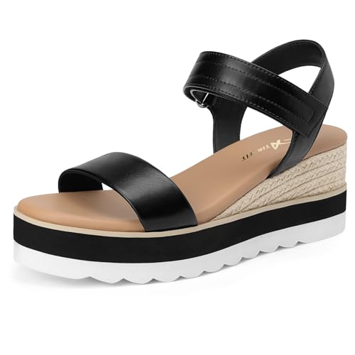 Athlefit Sandalias de cuña de alpargata para mujer, puntera abierta, correa al tobillo, tacón bajo, sandalias de plataforma para verano, Negro, 10