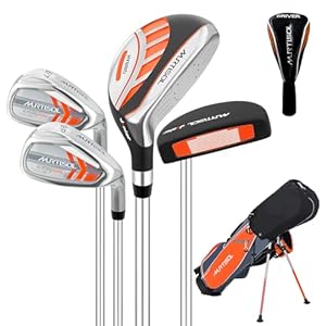 XDriveMax 5/6 Pieces Kids Golf Club Set, Junior Golf Club Set Ages 4-12 Includes Stand Bag, 1# Drive, 5# Hybrid, 6/7#, 9/P# Irons and Putter Right Hand for Boys Girls