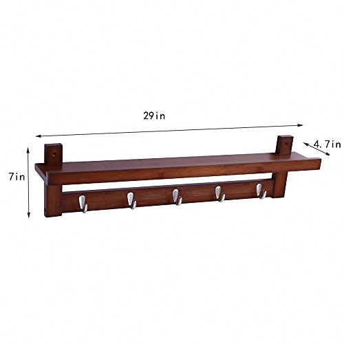Wooden Hooks for Wall Coat Rack Shelf, Wall-Mounted Bamboo Hook Rack with Upper Shelf for Storage Scandinavian Style for Hallway Bathroom Living Room Bedroom (5 Hooks Brown) - Thumbnail 7
