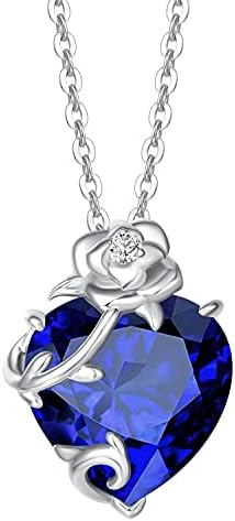 CACESTONE Sterling Silver Gemstone Blue Created Sapphire Rose Flower Heart September Birthstone Necklace for Women Cubic Zirconia Jewelry Anniversary Birthday Gifts Women Wife Girls Her