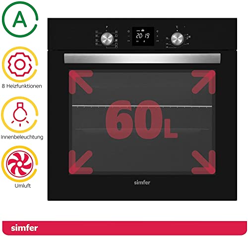 Foto von Simfer Einbau-Backofen 60 cm BO 6813, 60 L, 9 Funktionen, Digitaler Timer, Versenkbare Drehknöpfe, Teleskopschiene, 2-fach Verglasung, Seitengitter, Heißluft, Umluft Schwarz, 56,5 x 59,5 x 59,5 cm