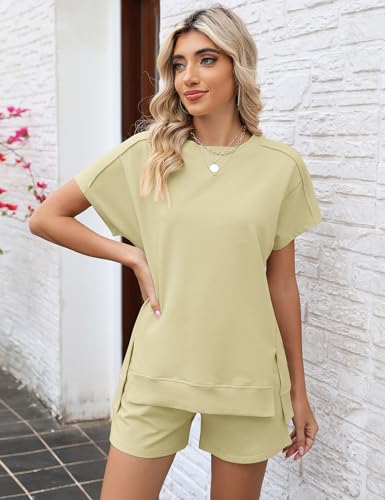 Image of LOMON Womens Fashion 2 Piece Outfits Sweatsuits 2026 Summer Short Sleeve Loungewear Tracksuit Round Neck Lounge Shorts Sets