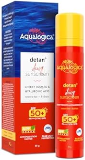 Aqualogica Detan+ Dewy Face Sunscreen with SPF 50+ & PA++++ | Blue Light Protection & No White Cast | Fights Sun Damage with Cherry Tomato & Hyaluronic Acid | 1.76 Oz/50g