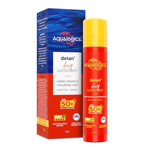 Aqualogica Detan+ Dewy Sunscreen SPF 50+ PA++++ with Cherry Tomato & HA - 50 g | Broad Spectrum SPF 50+ PA++++ | UVA/B & Blue Light Protection | Anti-Pollution Factor (APF) Technology | In Vivo Tested | Removes Tanning | Fragrance-Free & No White Cast | For Detan & Even Skin