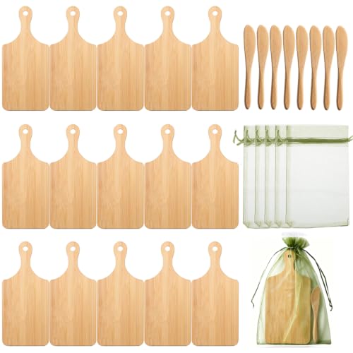 24 Pack Mini Charcuterie Boards with 24 Cheese Knives and 24 Organza Bags