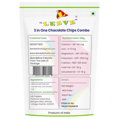 Image of Leeve 3 in One Chocolate Chips Combo 200g | White Chocolates Chip, Dark Choco Chip's & Twins Chocolate Chips | Baking Toppings for Cakes, Cookies, Brownies & Dessert Decoration