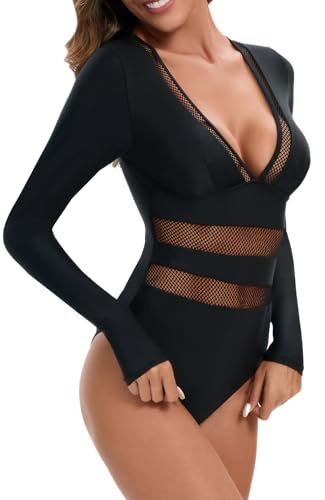 Women's One Piece Long Sleeve Swimsuit Tummy Control Zipper Bathing Suit Sexy Cut Out Swimwear