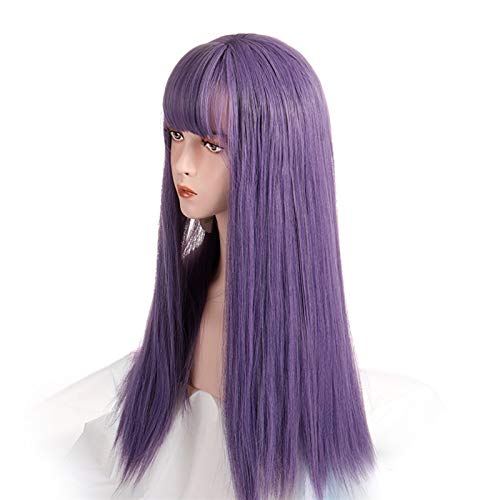 Perruque cosplay longue avec frange bleu clair jaune violet synthétique pour femme
