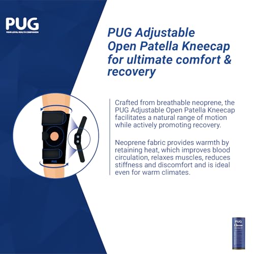 Image of PUG Open Patella Kneecap, Adjustable Hinged Knee Brace for Wider Indian Knees, Tailored for Recovery from Knee Injuries and Surgeries, Anti-Slip and Supportive, Pack of 1, Matte Black