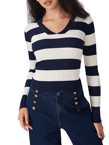 CIDER Womens 2025 Fall V Neck Long Sleeve Striped Sweater Slim Fitted Ribbed Knit Casual Pullover Polo Sweater3