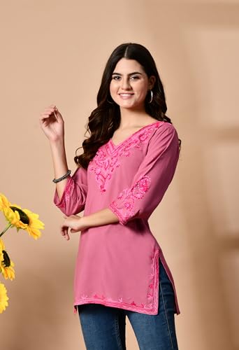 Image of LIBOZA Embroidered Kashmiri Tunic Top, Short Kurti for Women on Jeans, V-Neck, 3 /4 Sleeve, Floral Design,