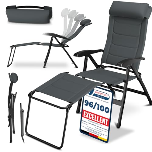 ELONEO Chaise de Camping Pliante avec Repose-Pieds Amovible - Chaise Longue Pliante de Jardin en Aluminium Rembourrée, Transat Jardin Extérieur Confortable -...