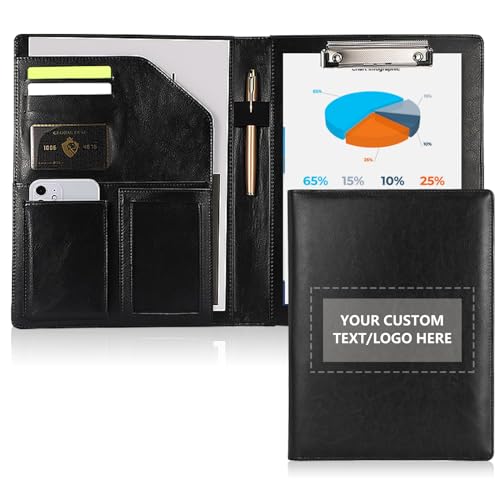 Vebermo Personalized Padfolio - Customized Leather Portfolio with Logo or Text - Professional Business Portfolio with A4/US Letter Writing Pad Holder for Resumes and Interviews, Black