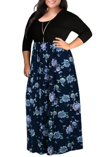 Image of Nemidor Women Plus Size Casual Maxi Dress Long Fall Pockets | Size 14-26 plus, elastic waist, long sleeve, round neck, loose, boho, curvy, winter, wedding, daily, vacation, work, holiday