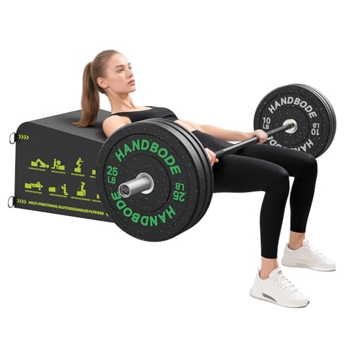 Hip Thrust Bench, Multi-Functional Slip-Free Hip Thrust Machine for Glute Bridge, Box Jump, Push-Ups, Squat, Ab Exercise, Suitable for Home & Gym, Includes 100lb Weight Plates & 6ft Olympic Bar