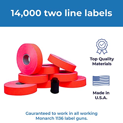 1136 Monarch Red Labels, One Sleeve, 8 Rolls, 14,000 Two Line Labels #TOP4