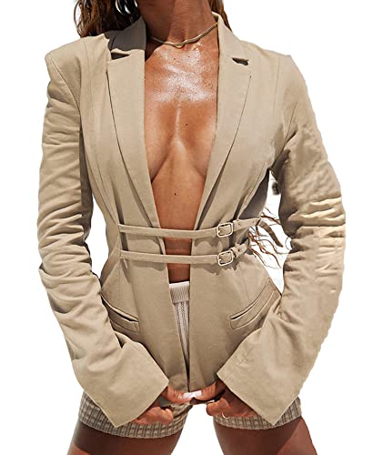 xxxiticat Women's Buckle Belt Blazer Coat Long Sleeve Lapel Collar Low Cut Padded Shoulder Front Open Cardigan Jacket(AP,S)