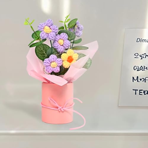Image of Cortina Handmade Crochet Artificial Flowers with Light | Aesthetic Room Decor, Living & Bedroom Decor | Artificial Flower Wall Decor | Great for Gifting - Pink and Purple - 8.12x6.35x19.8 CM