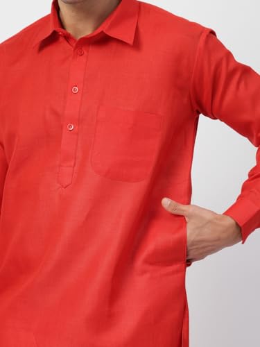 Image of Men's Traditional Pathani Kurta Salwar Set, Red, Long Sleeve, Collared Neck, Cotton Blend, Ethnic Wear