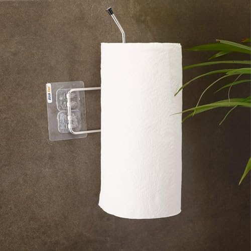 Image of Stainless Steel Adhesive Wall-Mounted Long Towel Hanger, Toilet Paper Holder for Kitchen & Bathroom, Stick-On Hook Rack for Napkins, Paper Towel, or Accessories, No Drilling Required (Chrome)