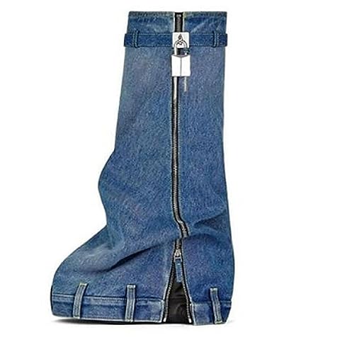 LEMONADE Women's Denim Boots Padlock Fold Over Knee High Platform Boots Pull-On Boots2