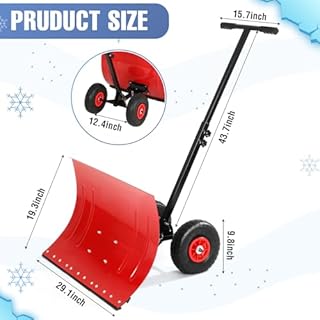 Snow Shovel with Wheels,29.1" W x 19.3" H Heavy Duty Snow Pusher for Driveway,Ergonomic Snow Pusher Shovel with Snow Removal Adjustable Angle & Height Handle for Driveway, Pavement