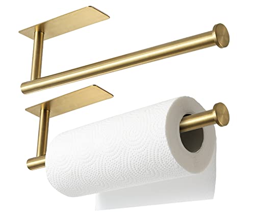 Image of theaoo 2 Packs Paper Towel Holder - Under Cabinet Paper Towel Holder for Kitchen, Adhesive Paper Towel Roll Rack for Bathroom Towel, Wall Mounted Paper Towel Rack, Gold, SUS304 Stainless Steel