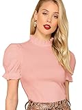 Floerns Women's Casual Frill Mock Neck Short Puff Sleeve Keyhole Back Work Office Blouse A Pink XS