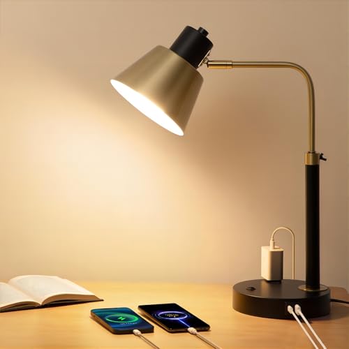 Image of Adjustable Desk Lamp with Dual USB-C /A & AC Outlet 340 Swivel Lamp Head | Metal Desk Lamp,Weighted Base,Table Lamp for Home Office, Bedroom & Reading, Black with Brass Accents (Bulb Not Included)
