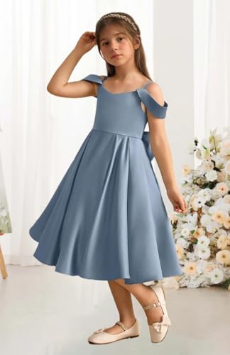 Elegant Satin Flower Girl Dress with Spaghetti Straps Bow Knot Birthday Wedding Pageant Formal Midi Satin Dresses3