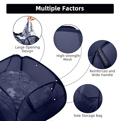 Image of 2 Pack Collapsible Foldable Laundry Baskets, 90L Large Durable Mesh Pop Up Hampers for Bedroom, Bathroom, Dorm, Laundry Room, Travel - Navy