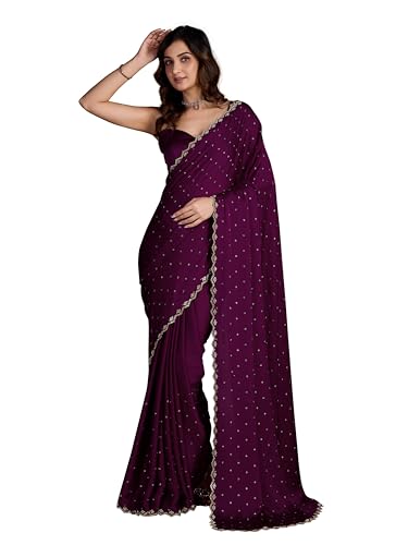 Image of TRENDMALLS Women's Satin Silk Siroski Zarkan Work Saree with Unstitch Blouse Piece