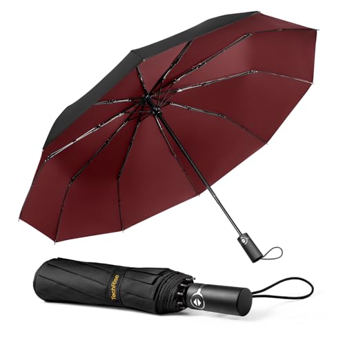 TechRise Parapluie Pliable Automatique Compact Coupe-Vent Avec 10 Baleines - Ouverture et Fermeture à Un Seul Bouton - Portable Pour Hommes et Femmes, Rouge et Noir