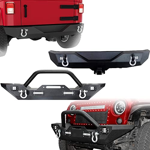 YITAMOTOR Front & Rear Bumper Compatible with 07-18 Wrangler JK & Unlimited with D-Rings & 4X LED Lights & Winch Plate & 2" Hitch Receiver Front & Rear Bumpers w/4X Lights