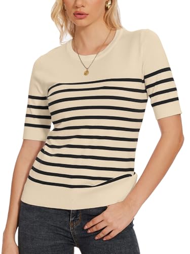 Image of Spicy Sandia Women's Long Sleeve Crewneck Sweaters with Dressy Cuff | Striped or Solid Available, Dressy Casual, Classic, Lightweight, For Office Work, Business Casual Outfits