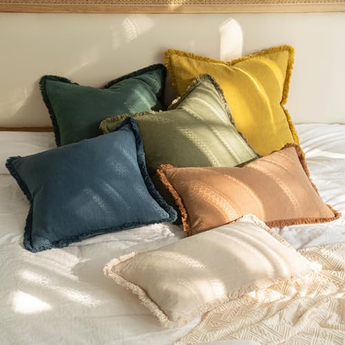 Image of MIULEE Decorative Throw Pillow Covers Neutral Linen Fringe Throw Pillows Euro Shams Set of 2 Navy Blue Boho Farmhouse Cushion Covers for Couch Sofa Bed Living Room Spring Home Decor 24x24 Inch