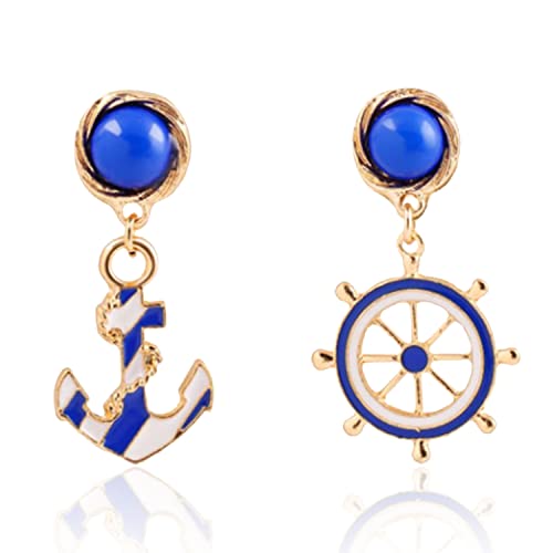 Unique navy Nautical Ship Wheel Anchor Statement Drop Stud Earrings Asymmetry Blue Enamel wind Boat Anchor Dangle Earring for Women Girl Fashion Jewelry