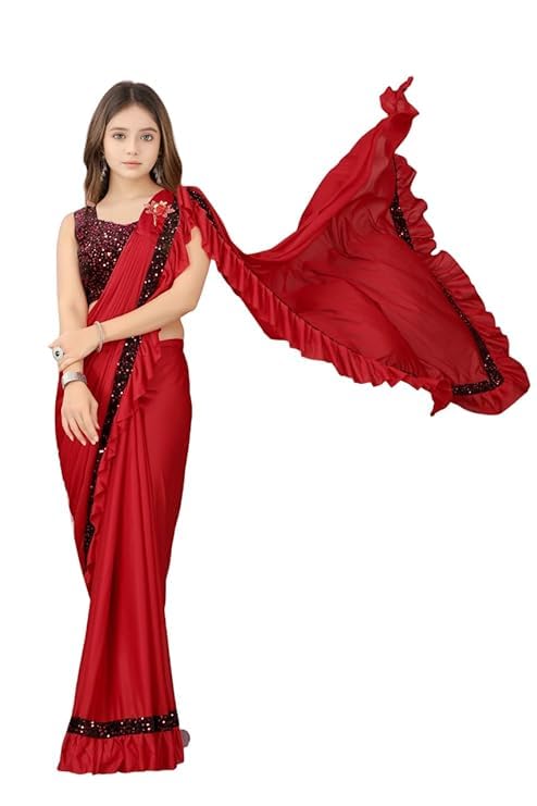 NILKANTHVARNI CREATION Kids Girls Lycra Blend Ready To Wear Saree With Sequence Blouse Piece (3-4 yrs to 12-13 yrs) (Red, 4-5 Years - S)