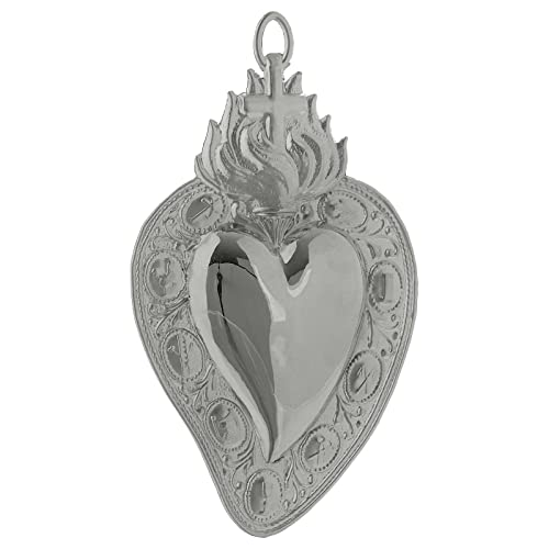 Holyart Ex-voto, Votive Heart with Cross and Flame 13.5x8cm, Silver