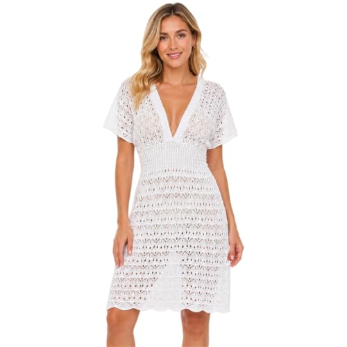 Pareos de playa para mujer, vestido de crochet, cuello en V, manga corta, cintura elástica, bikini, blanco, L