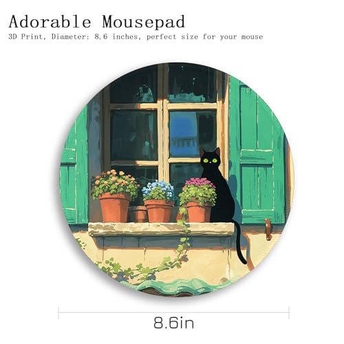 Image of Gctriki Anime Black Cat Mouse Pad, Cute Round Computer Mouse Pads for Desk Laptop Gaming, Stitched Edge Non-Slip Rubber Base, Cute Cat Home Office Desk Accessories Decor for Women