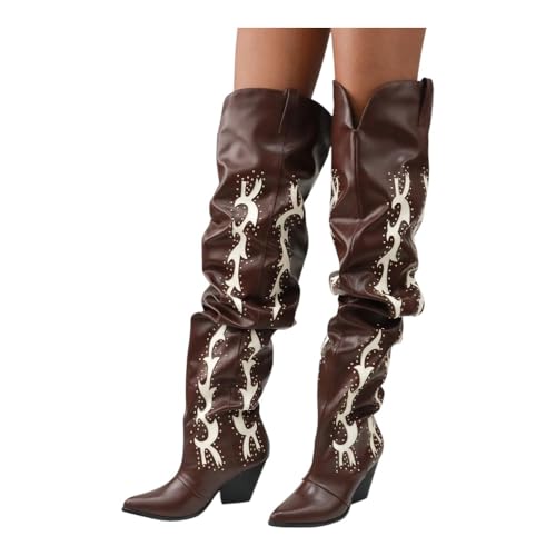 LEMONADE Women Over the Knee Thigh High Cowboy Boots, Chunky Block Heel Studded Slouch Cowgirl Western Boots4