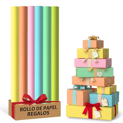 Rollo de papel para envolver regalos, Papel Regalo Cumpleaños, Papel Regalo Navidad, Papel navideño, Tamaño 70 cm x 2 Metros, Contiene 6 Rollos con diseños de Colores lisos Pastel Multicolor